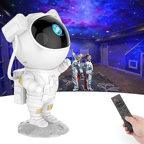 White astronaut galaxy projector lamp with remote, projecting stars and nebula across a room