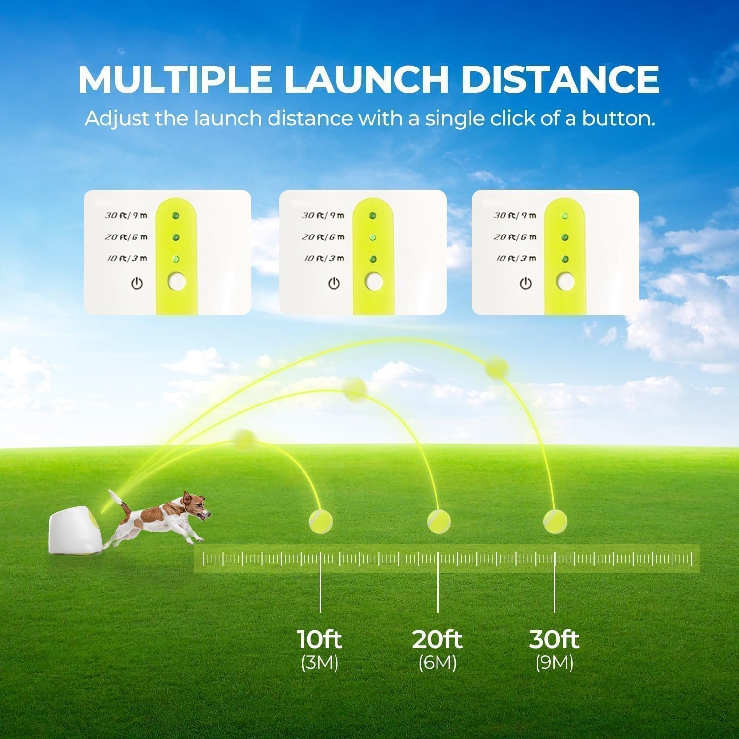 All For Paws ball launcher review: three launch distances of 10, 20 and 30 feet selected with one button