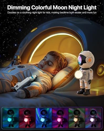 Astronaut galaxy projector used as a dimmable night light beside a sleeping child