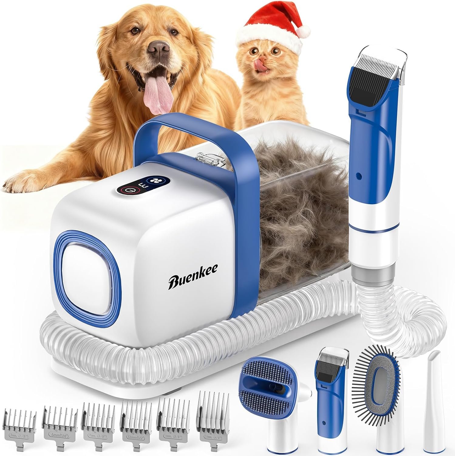 Buenkee dog grooming vacuum review: the listing image of the vacuum base, hose, clipper, six guide combs and brushes