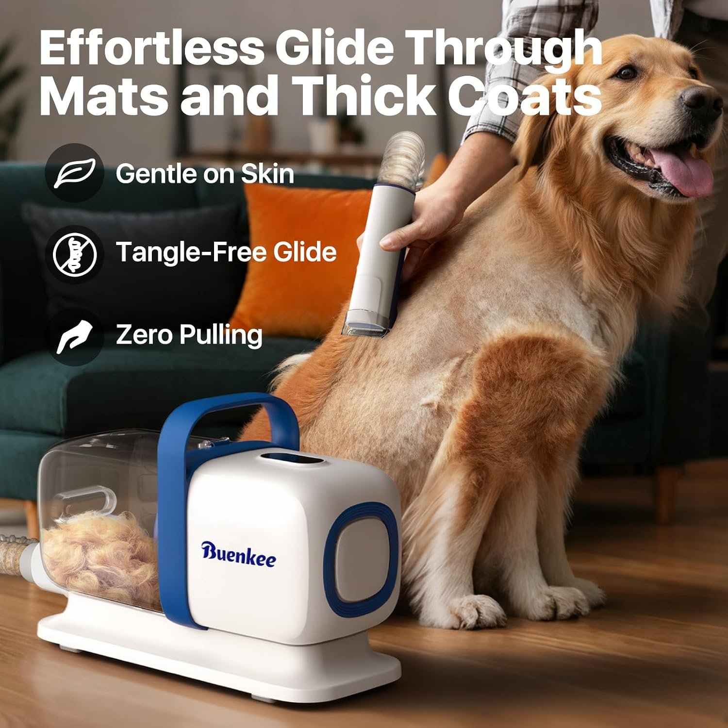 Buenkee dog grooming vacuum review: listing image of the deshedding brush on a Golden Retriever, with the hair going into the vacuum