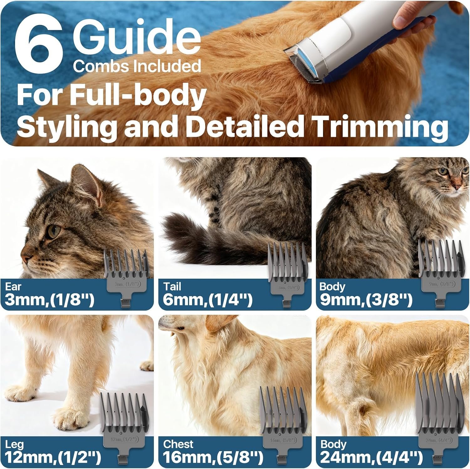 Buenkee dog grooming vacuum review: listing image of the six guide combs from 3mm to 24mm