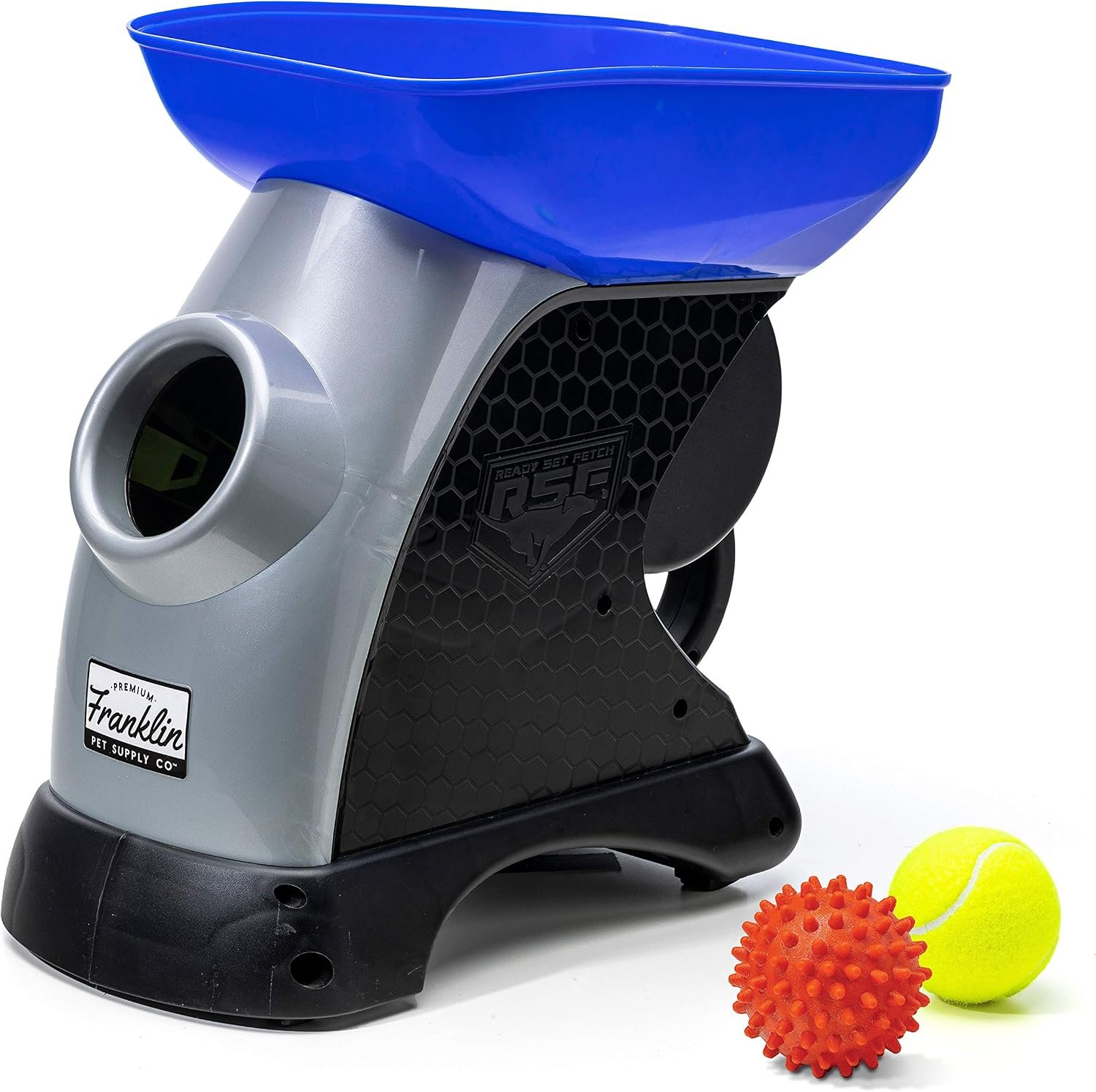 Franklin Ready Set Fetch automatic ball launcher with a tennis ball and an orange all-weather ball