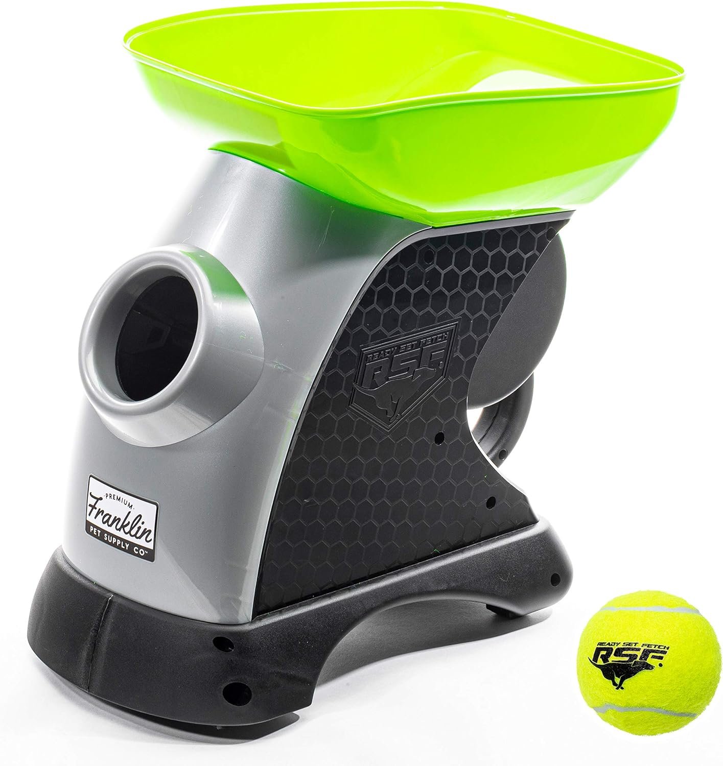 Best automatic ball launcher: the Franklin Ready Set Fetch in green with a tennis ball