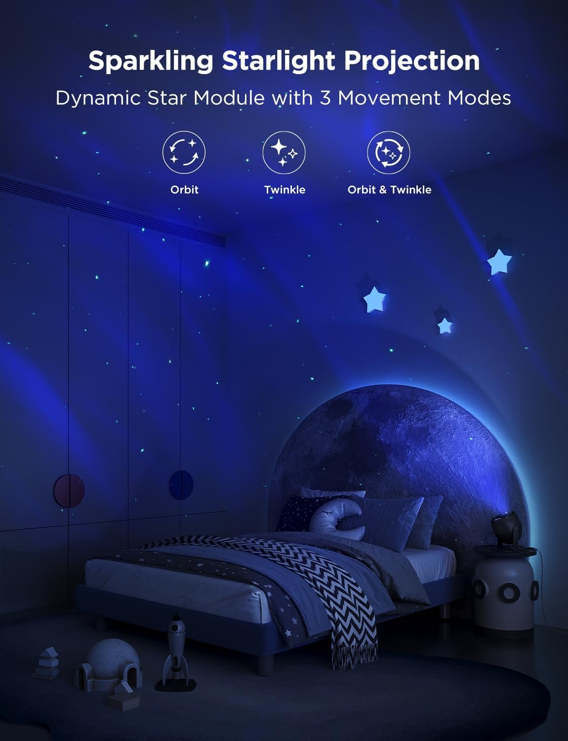 Govee star light projector casting stars and aurora across a dark bedroom ceiling