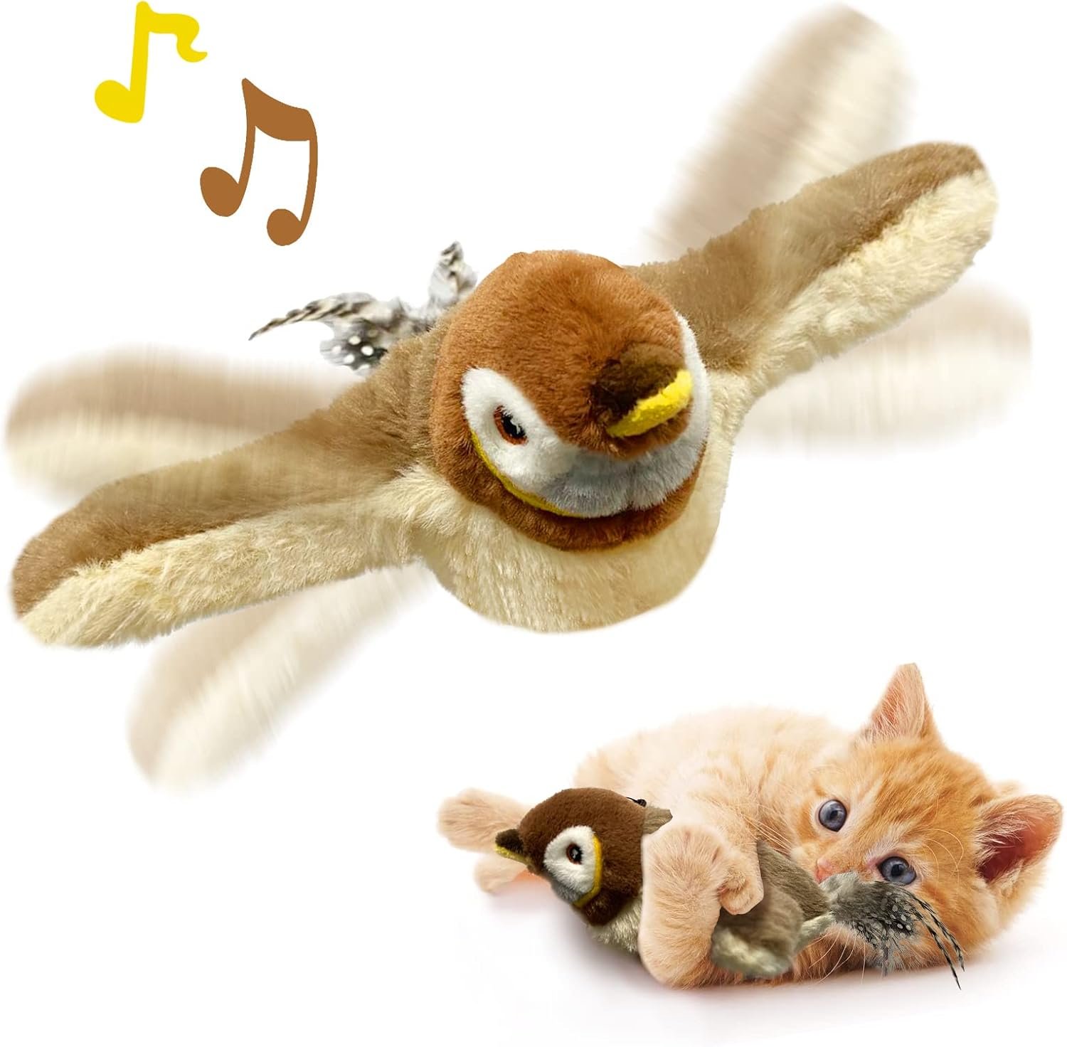 Flapping bird cat toy reviews: the KreizyGo sparrow with wings spread and a kitten playing, from the listing
