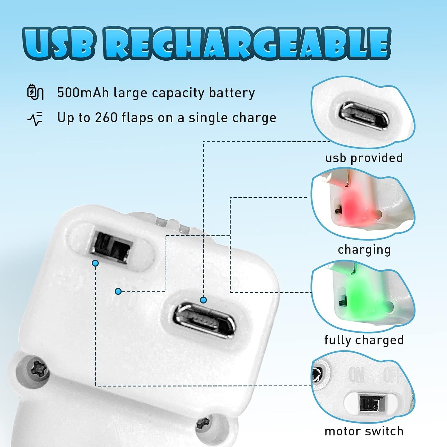 Flapping bird cat toy reviews: KreizyGo's USB charging diagram showing charging lights and up to 260 flaps per charge