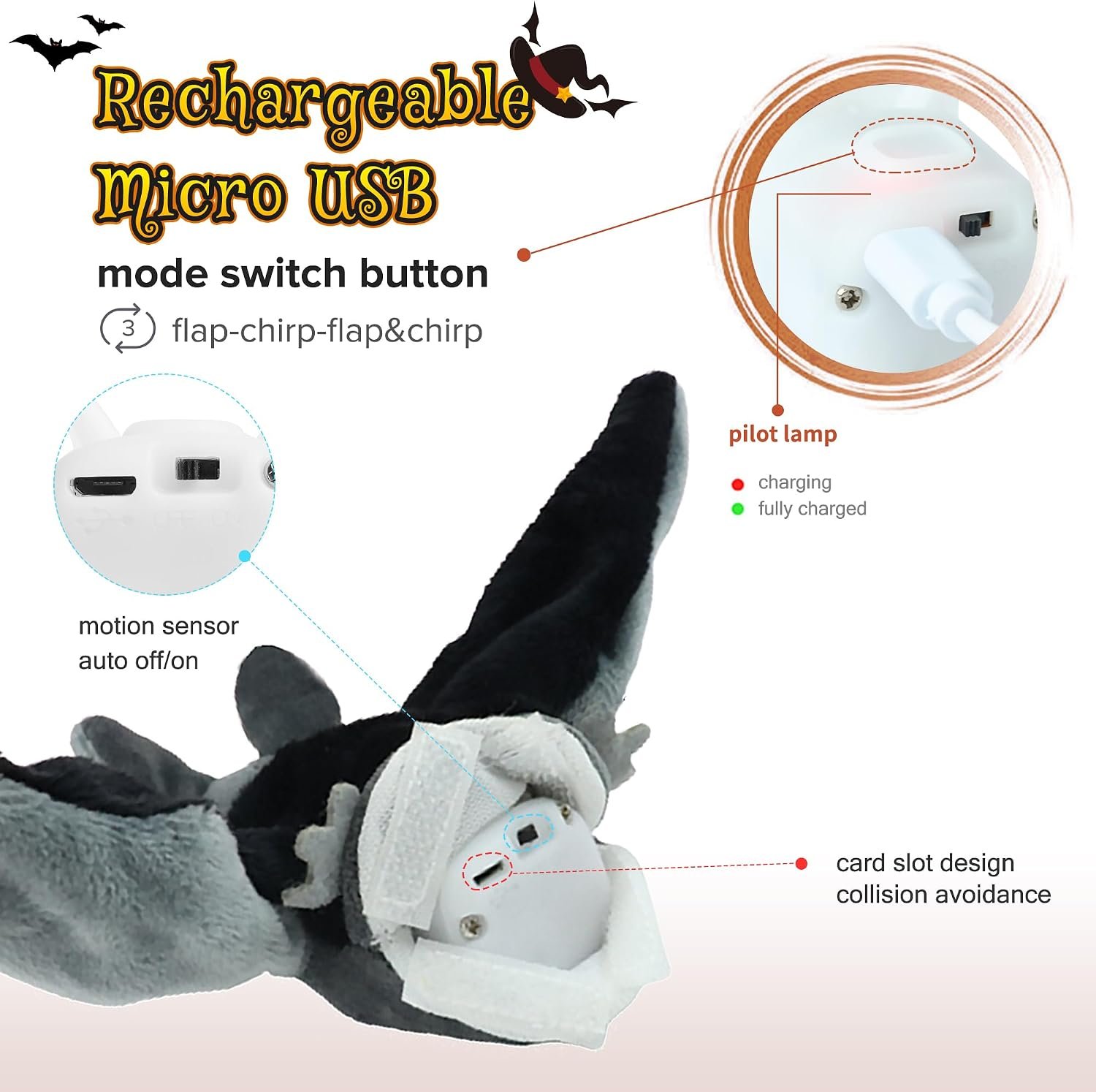 Flapping bat cat toy review: LEWISER's listing image of the bat's mode button, micro USB port and charging light
