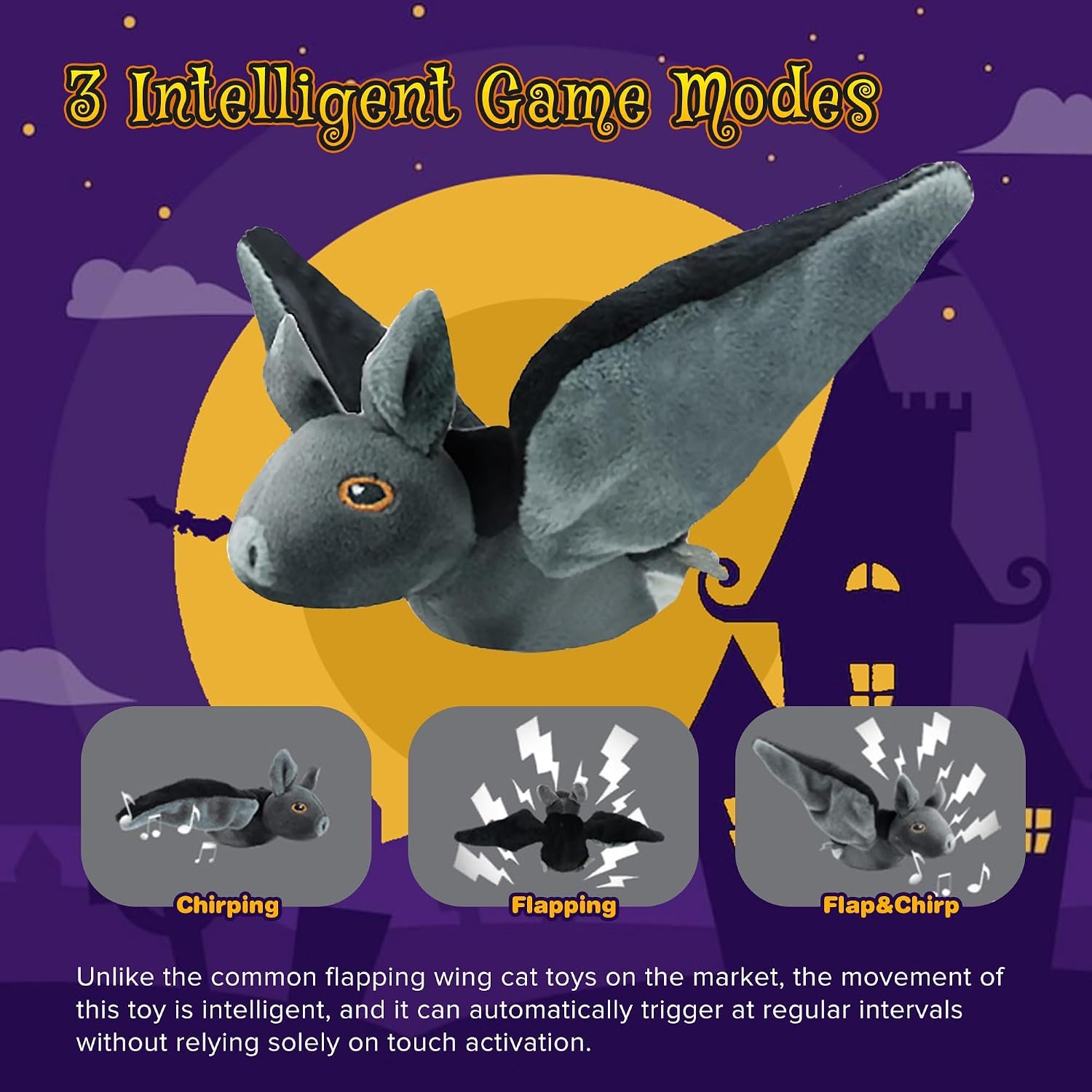 Flapping bird cat toy reviews: LEWISER's listing image of three game modes, chirping, flapping and flap and chirp