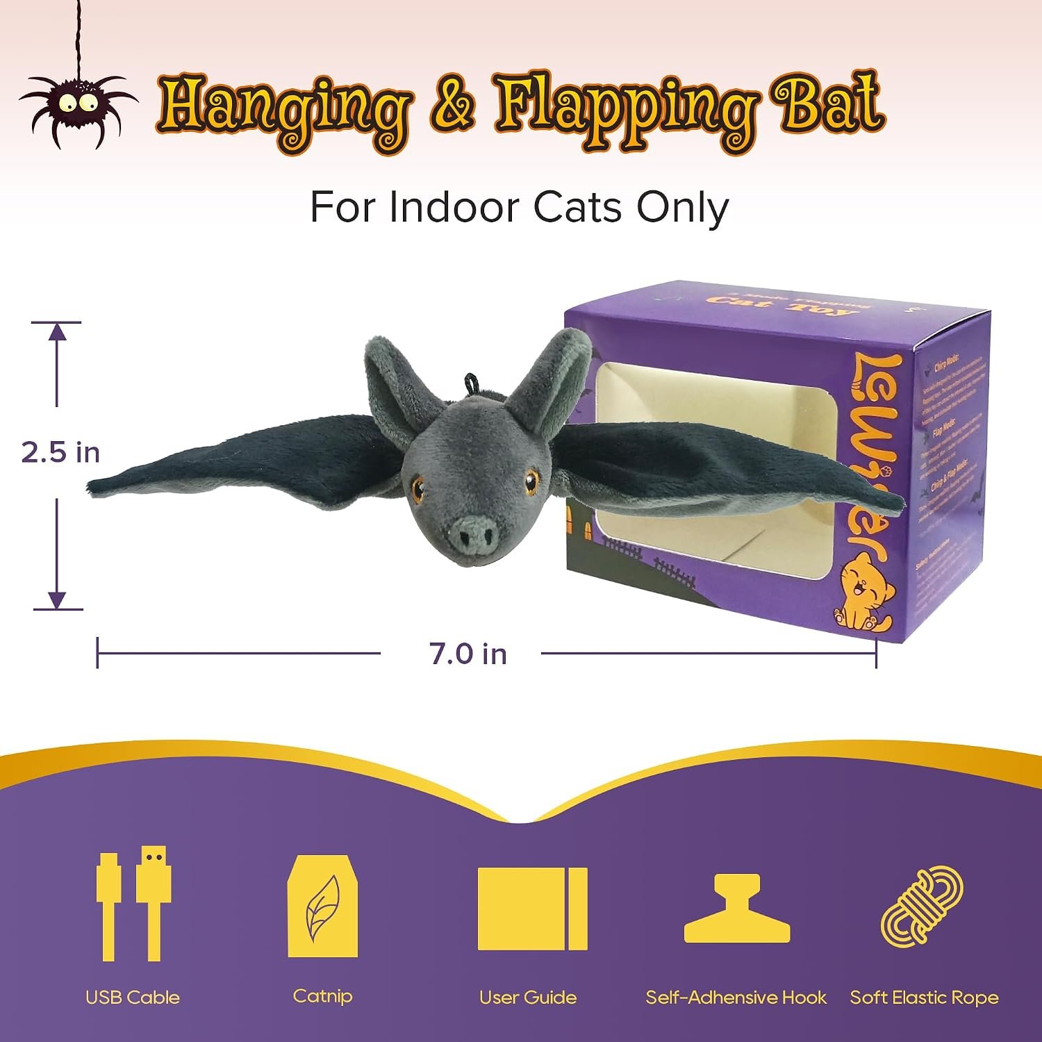 Flapping bat cat toy review: LEWISER's listing image showing the bat's 7-inch wingspan and what comes in the box