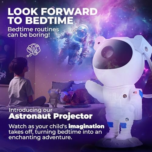 Mind-Glowing astronaut projector lighting a child's bedroom at bedtime