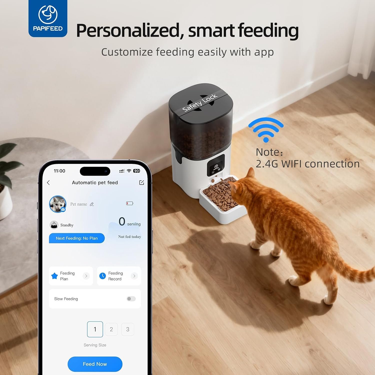 PAPIFEED automatic cat feeder review: the feeder's velcro safety-lock lid and the listing's 2.4 GHz Wi-Fi note