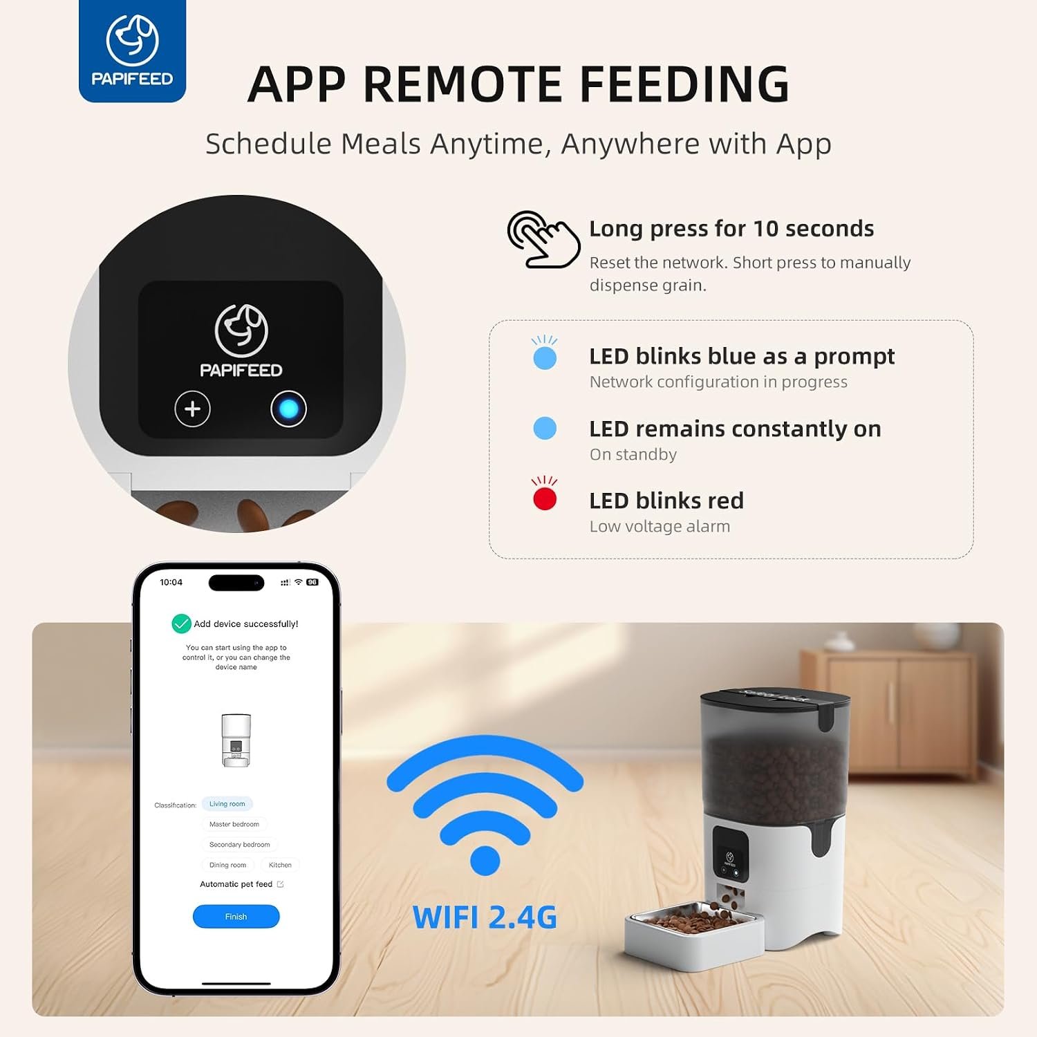 Automatic cat feeder problems: PAPIFEED's front panel from the listing, with a short press to dispense and a long press to reset the network