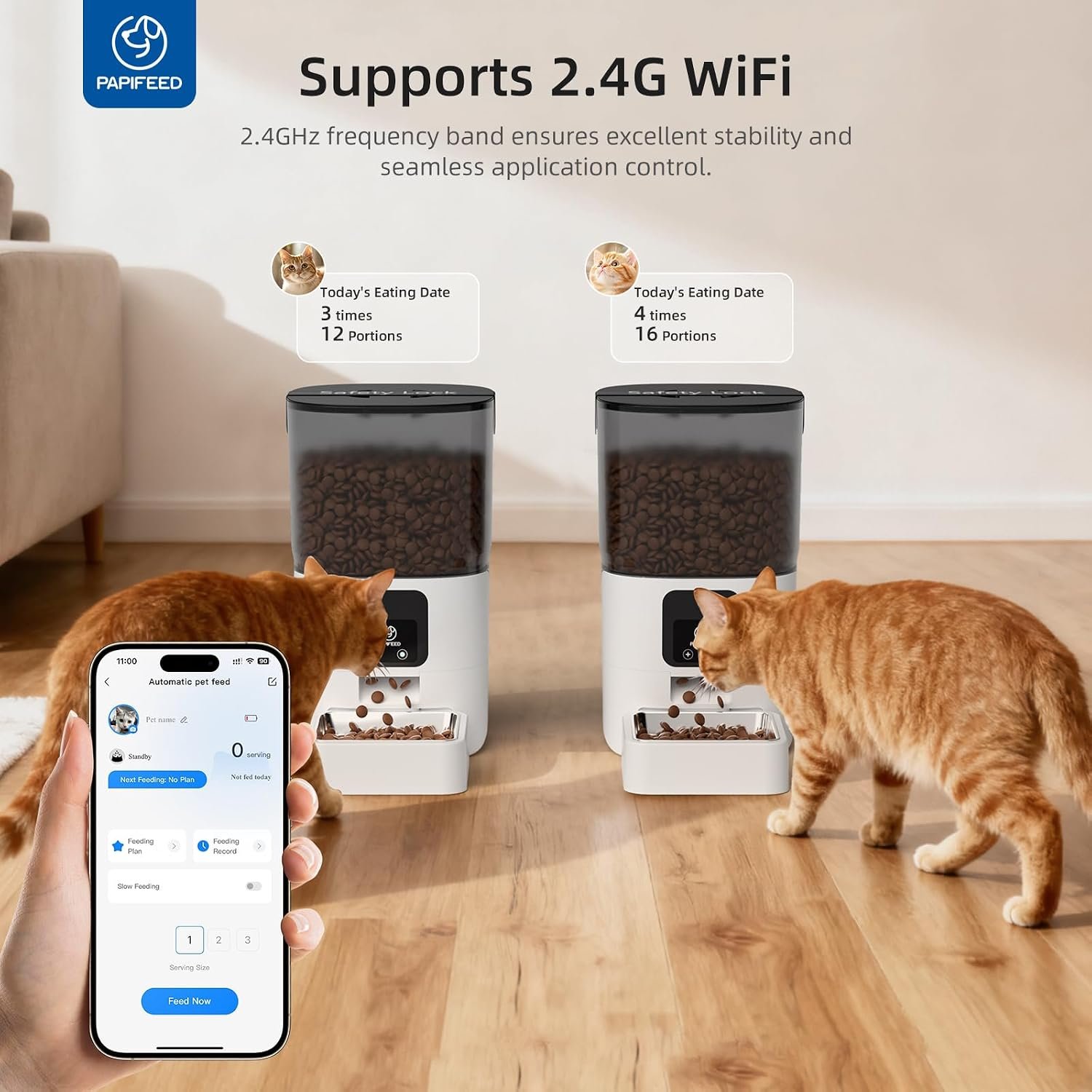 Best automatic cat feeder for several cats: two PAPIFEED 6L feeders with the app showing portions per cat