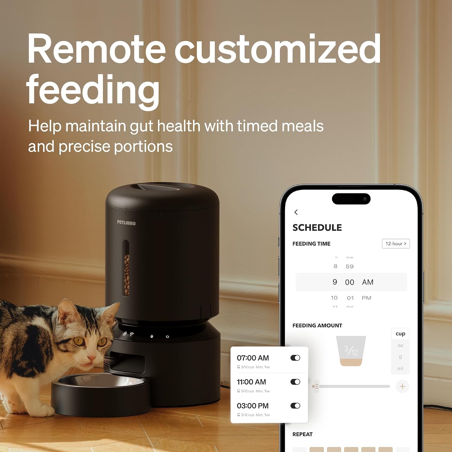 PETLIBRO Granary feeder review: the app's feeding-amount screen with 3/12 cup selected and unit options for cup, oz, g and ml