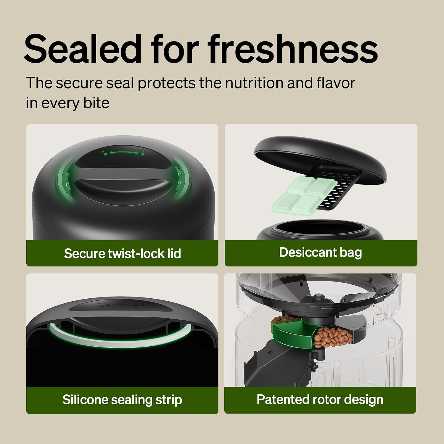 PETLIBRO Granary feeder review: the listing's sealing diagram - twist-lock lid, desiccant bag, silicone strip and the rotor