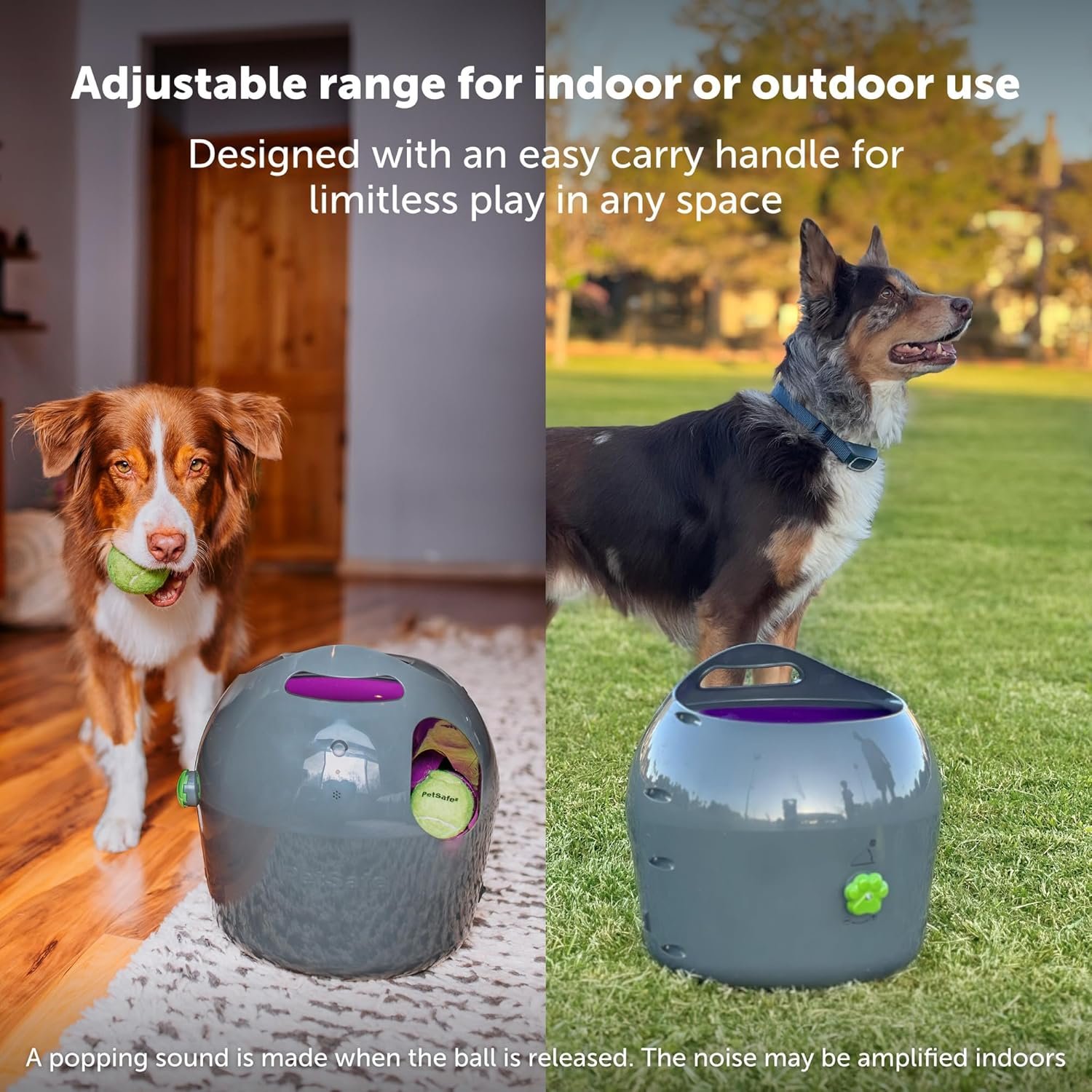 Automatic ball launcher problems: the PetSafe listing's own fine print about the popping sound being amplified indoors