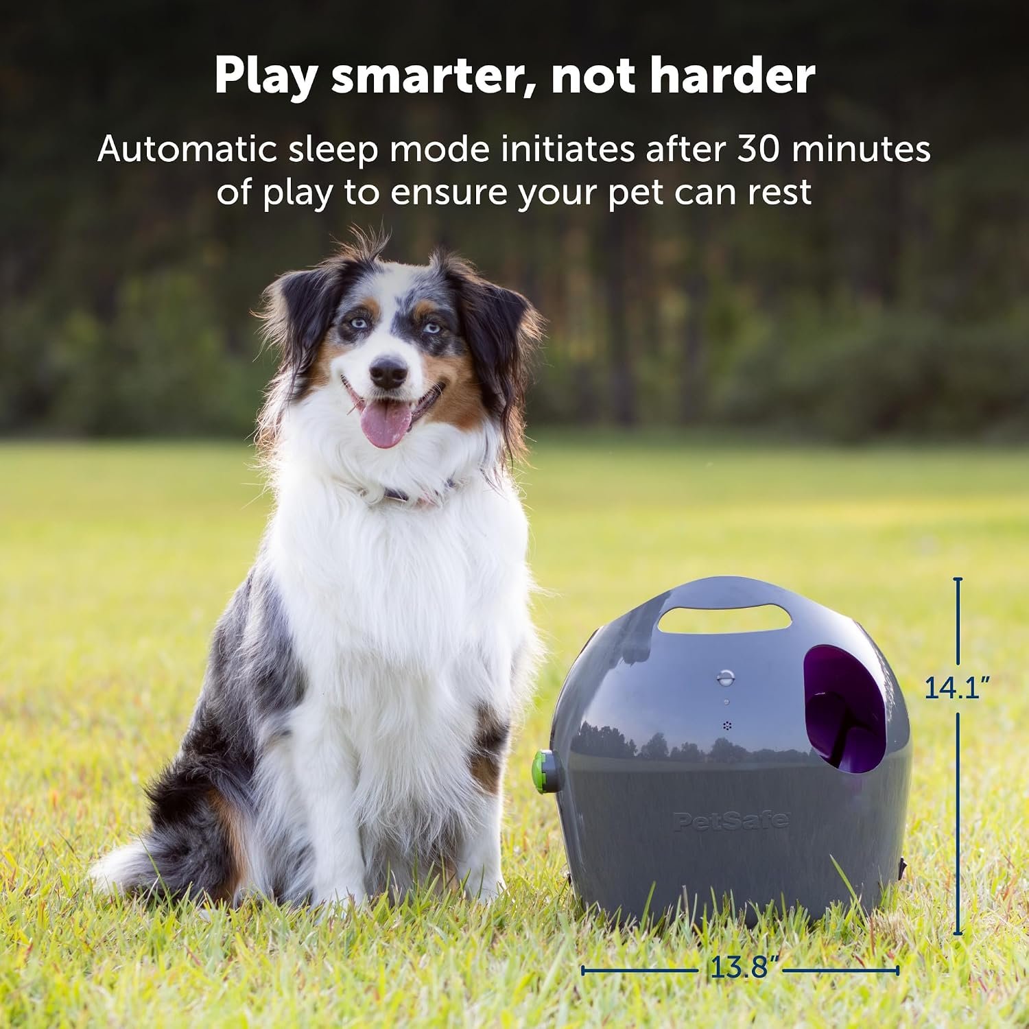 PetSafe automatic ball launcher review: the listing's sleep-mode claim of 30 minutes, which the bullet points give as 15
