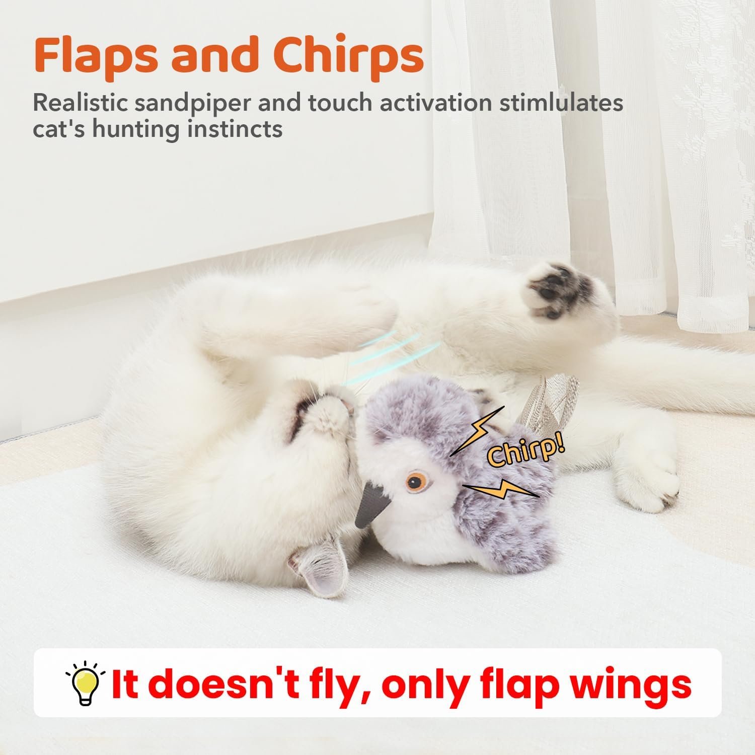 Potaroma flapping bird review: the listing's own image of a cat with the sandpiper, captioned it doesn't fly, only flaps its wings