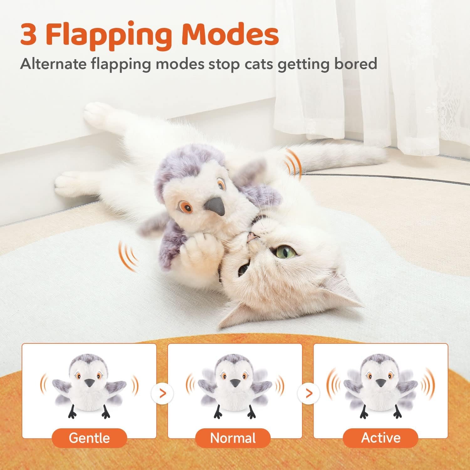 Potaroma flapping bird review: a cat on its back holding the sandpiper, from the listing