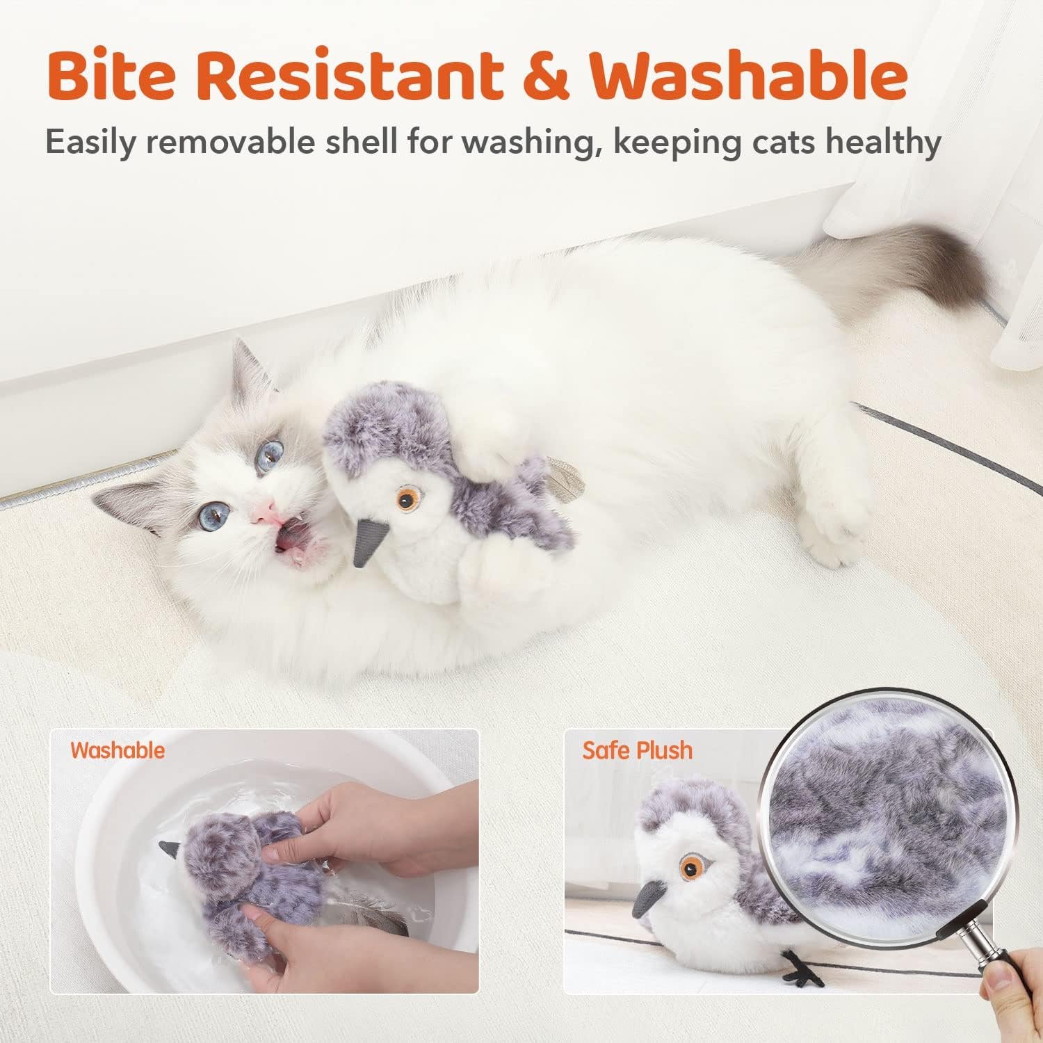 Best flapping bird cat toy for a cat that pounces: Potaroma's listing image of a cat hugging the plush sandpiper