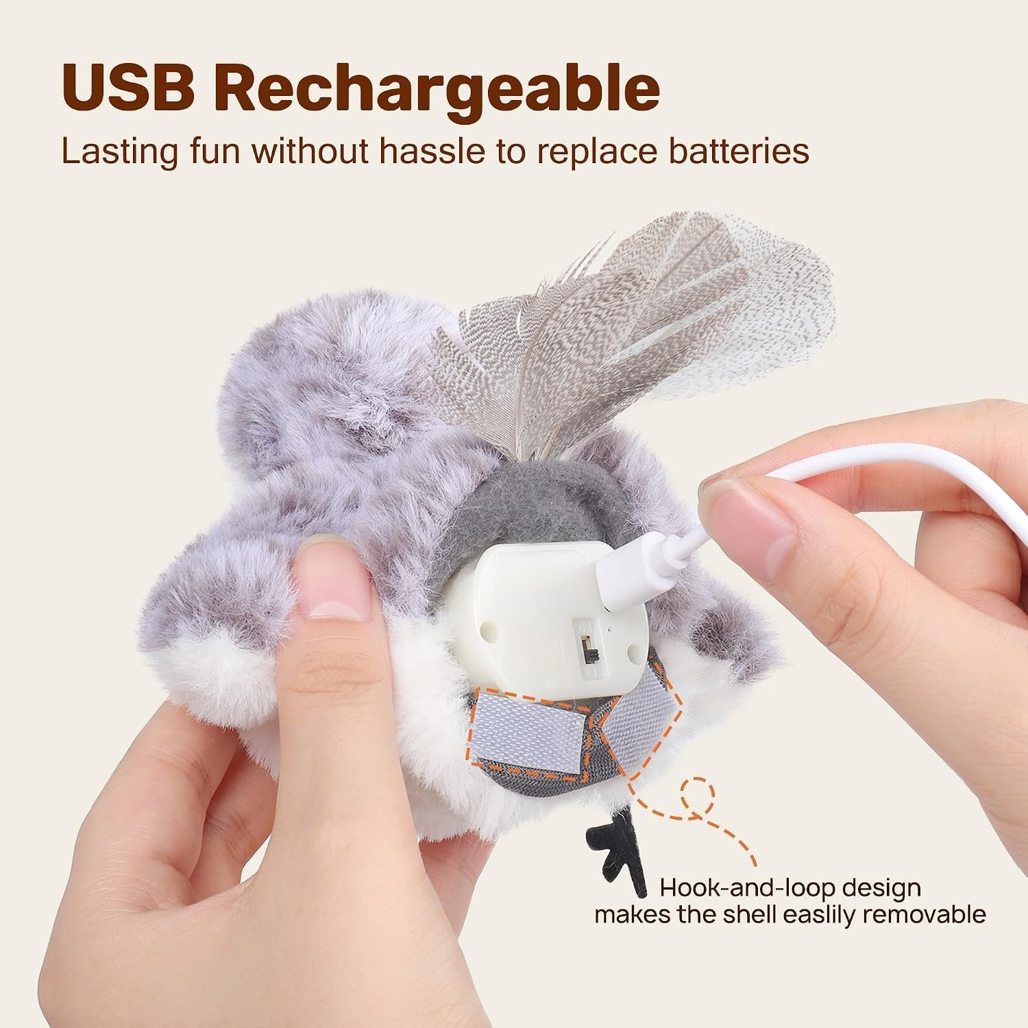Potaroma flapping bird review: the USB charging unit exposed behind the hook-and-loop seam