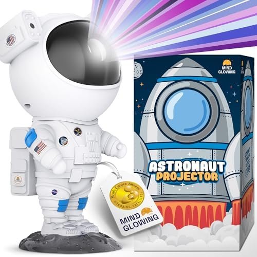 Mind-Glowing astronaut galaxy projector shown beside its box