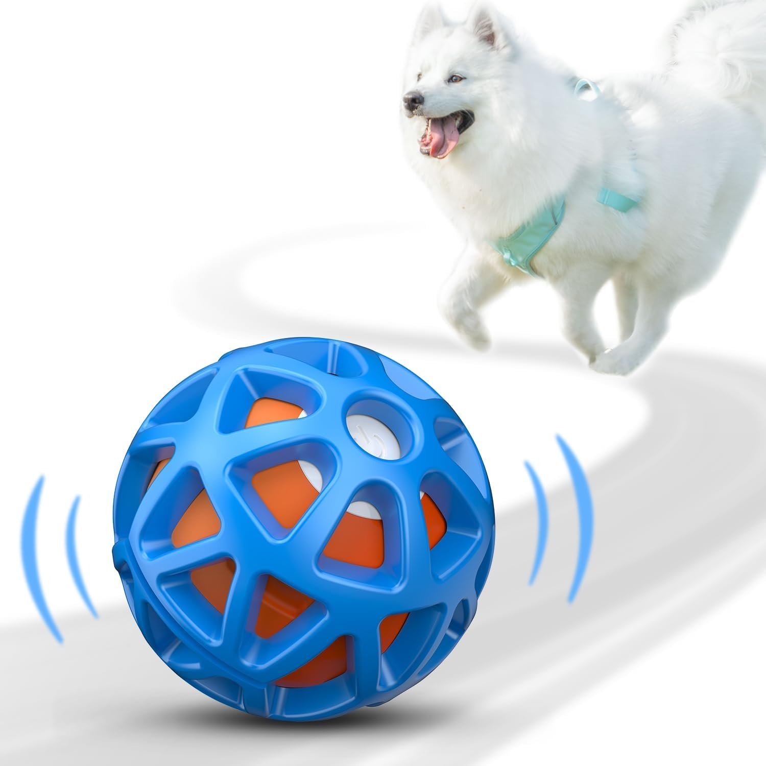 Vibrating dog ball review: the seagi ball inside its blue rubber lattice cover