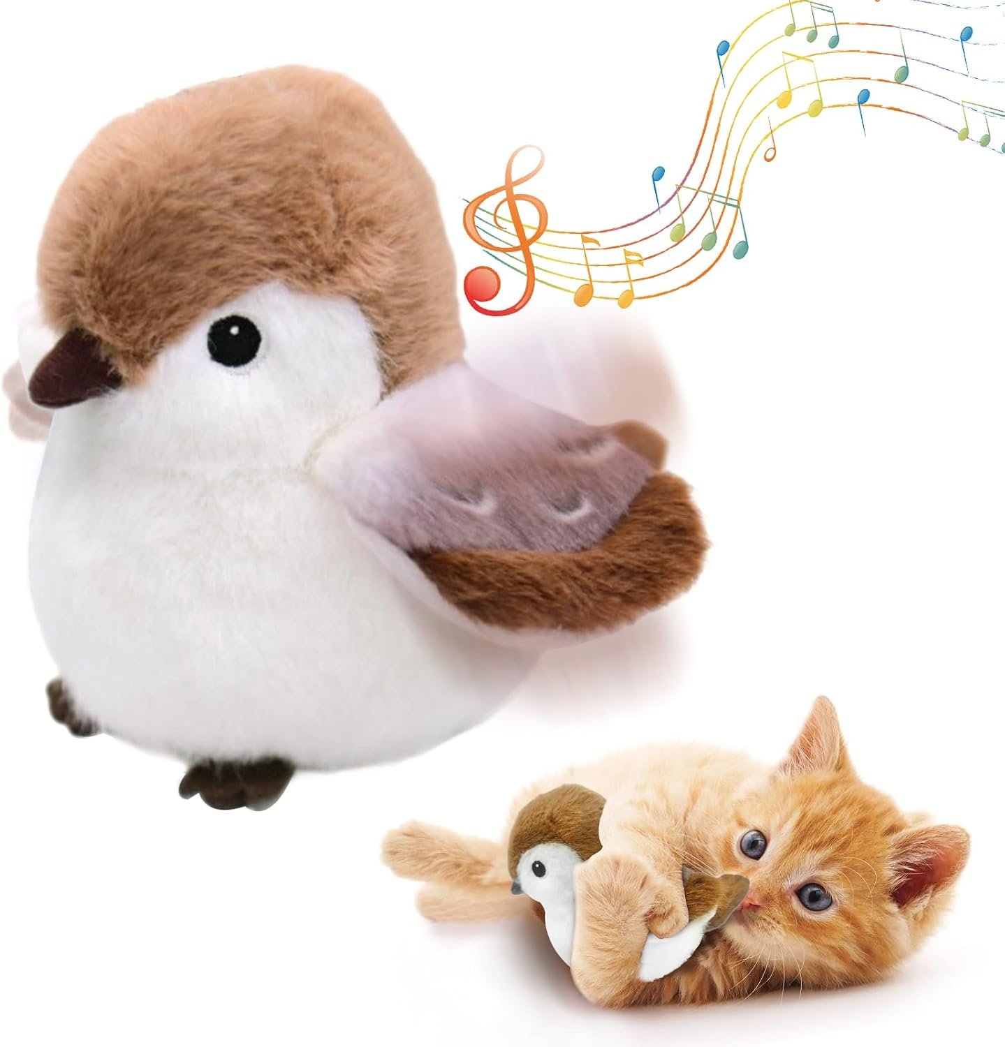Best flapping bird cat toy for kittens: KreizyGo's listing image of the Smart Sparrow with a kitten