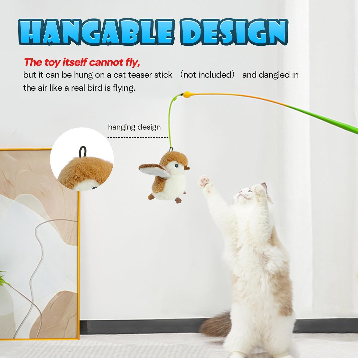 Flapping sparrow cat toy review: KreizyGo's listing image showing the sparrow hung from a cat wand