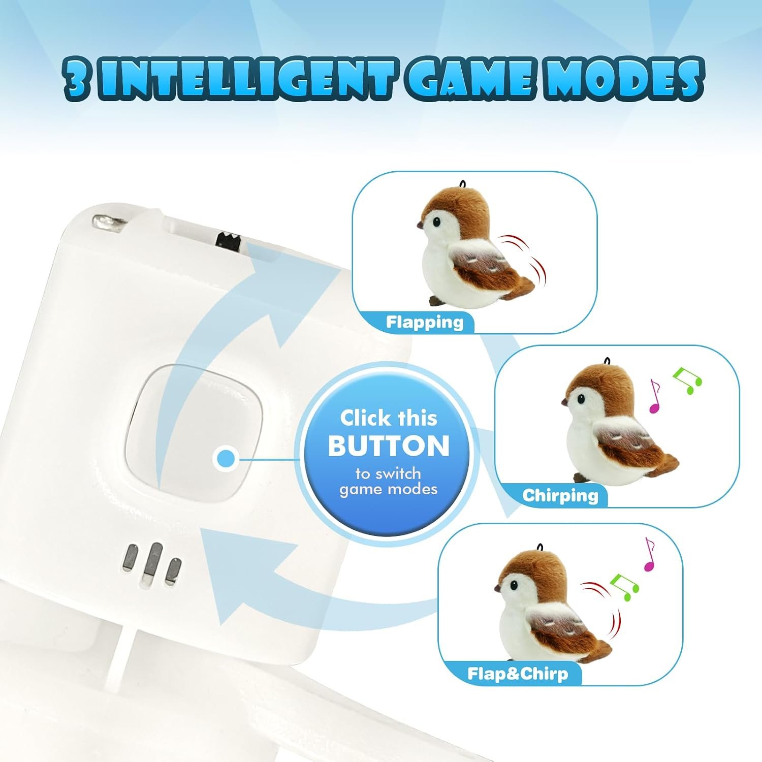 Flapping sparrow cat toy review: the Smart Sparrow's mode button switching between flapping, chirping and both