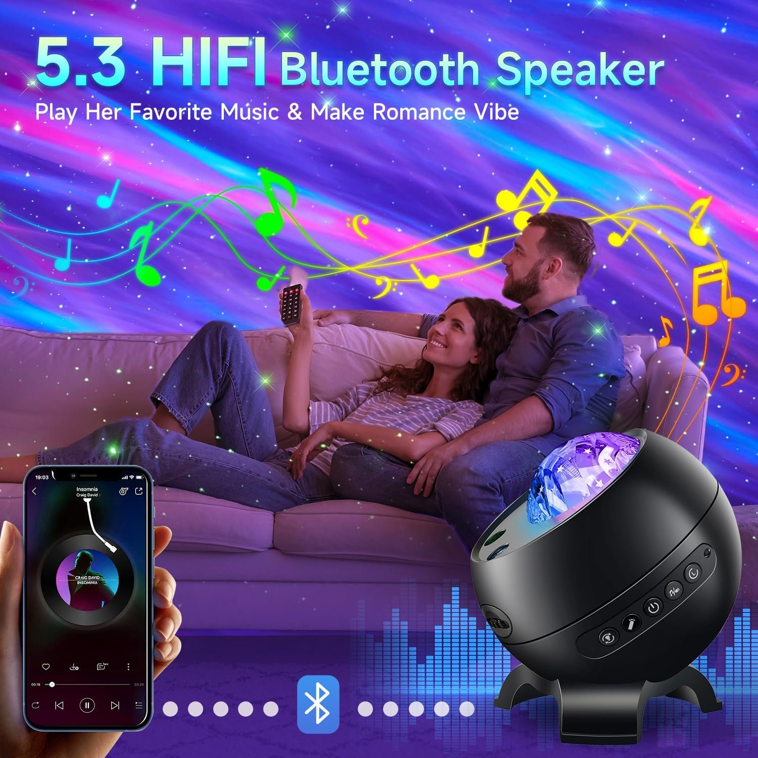Best aurora projector: a listing marketing the Bluetooth speaker as a romance feature