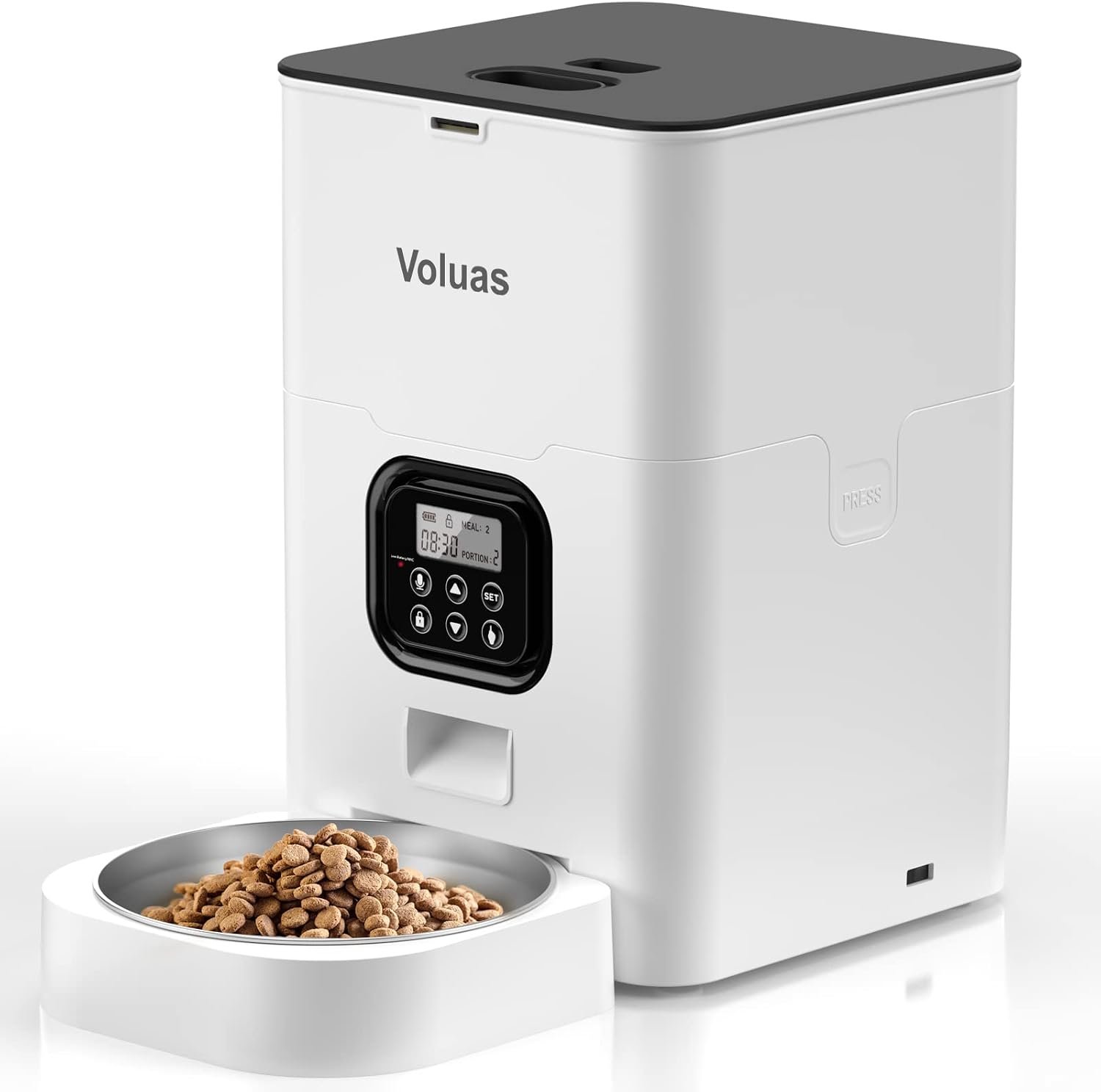 VOLUAS automatic cat feeder review: the 4L feeder with its LCD panel and stainless bowl