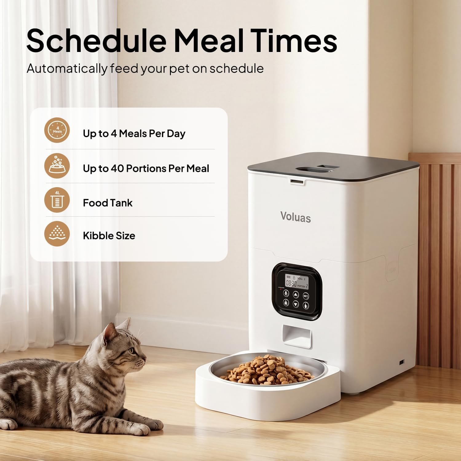 VOLUAS automatic cat feeder review: the listing's schedule claims - four meals a day, up to 40 portions each