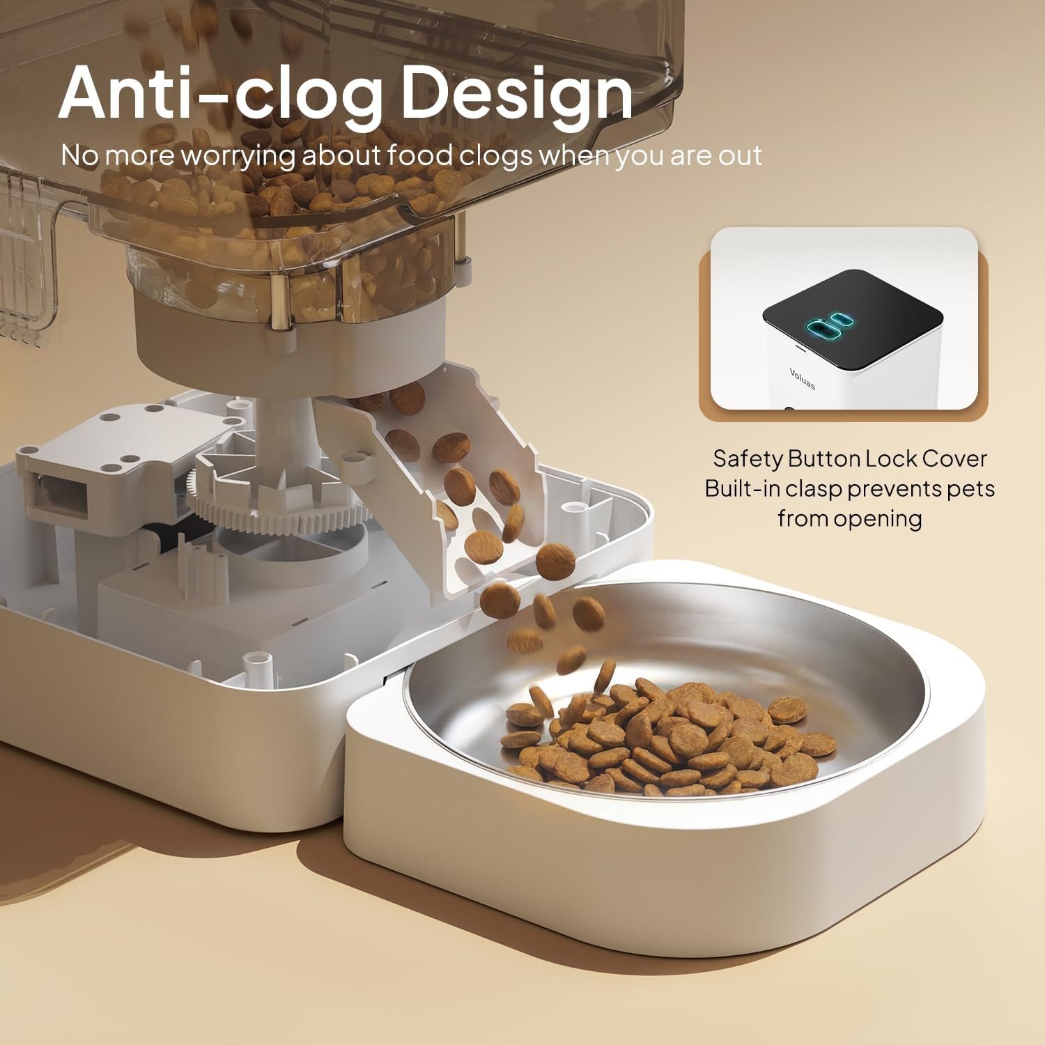VOLUAS automatic cat feeder review: the listing's anti-clog cutaway showing the rotating wheel that meters each portion