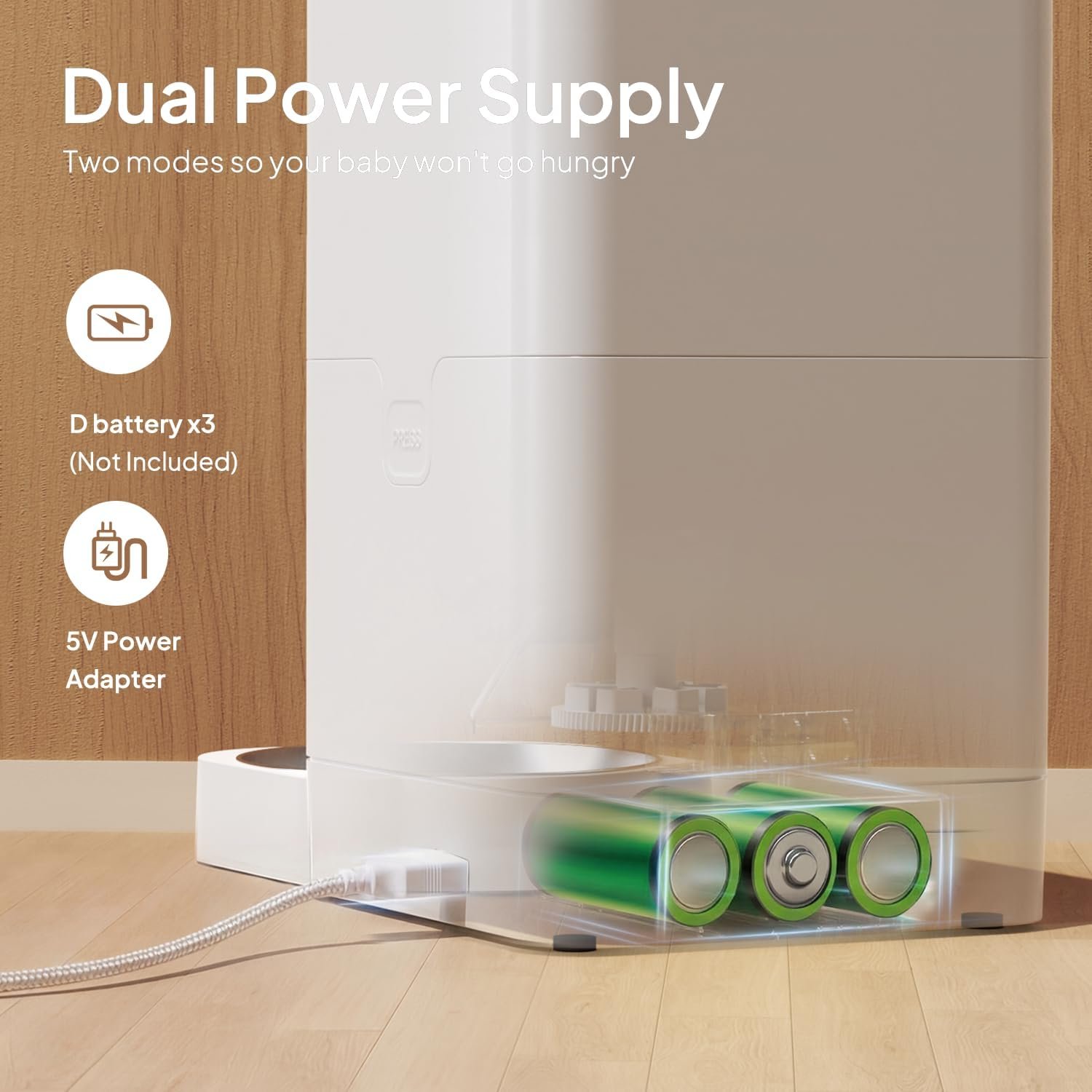 Best automatic cat feeder for power cuts: VOLUAS dual power supply with three D batteries in the base