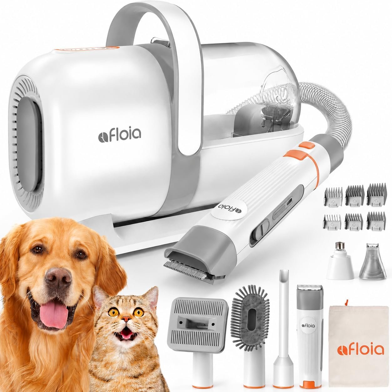 Afloia dog grooming vacuum review: listing image of the LM1 vacuum, hose, cordless clipper and attachments