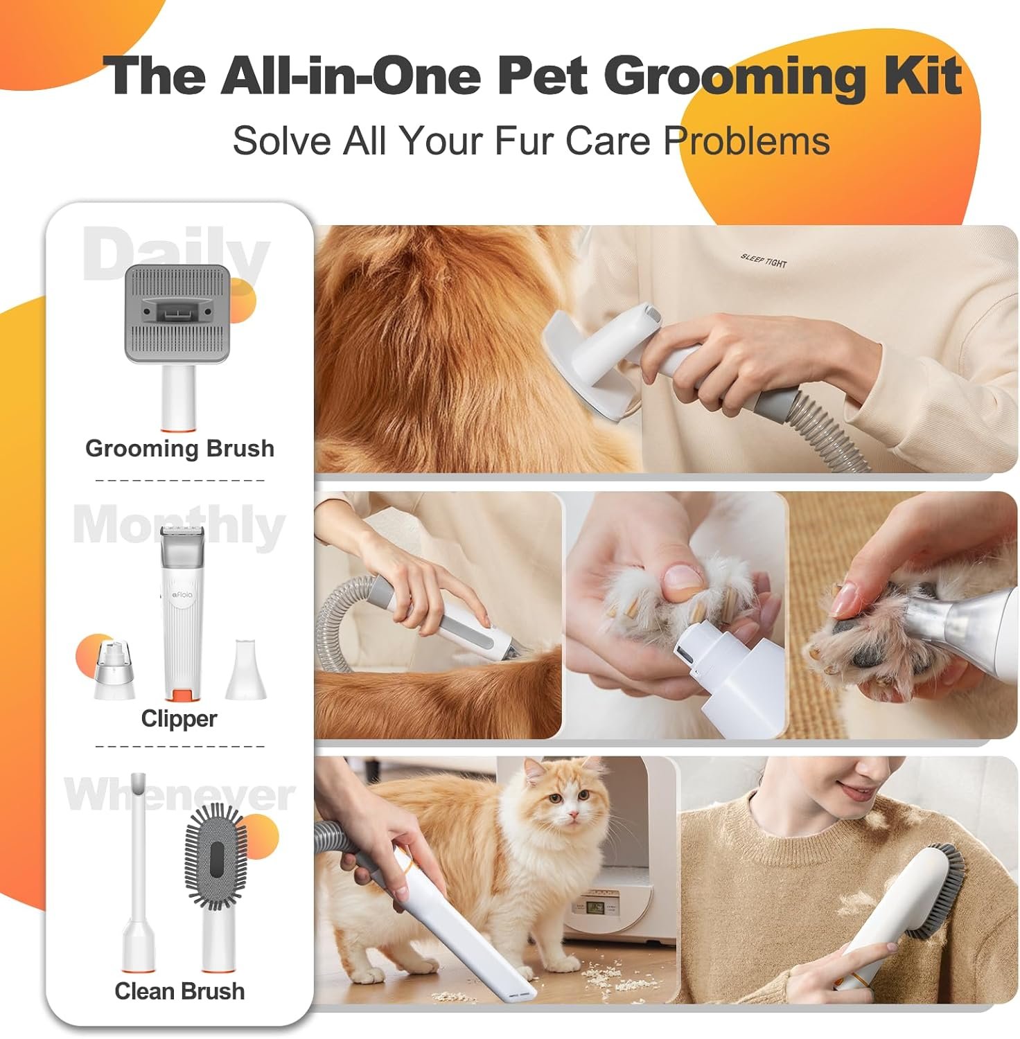 Best dog grooming vacuum for small dogs: Afloia listing image of its brush, clipper and cleaning tools in use