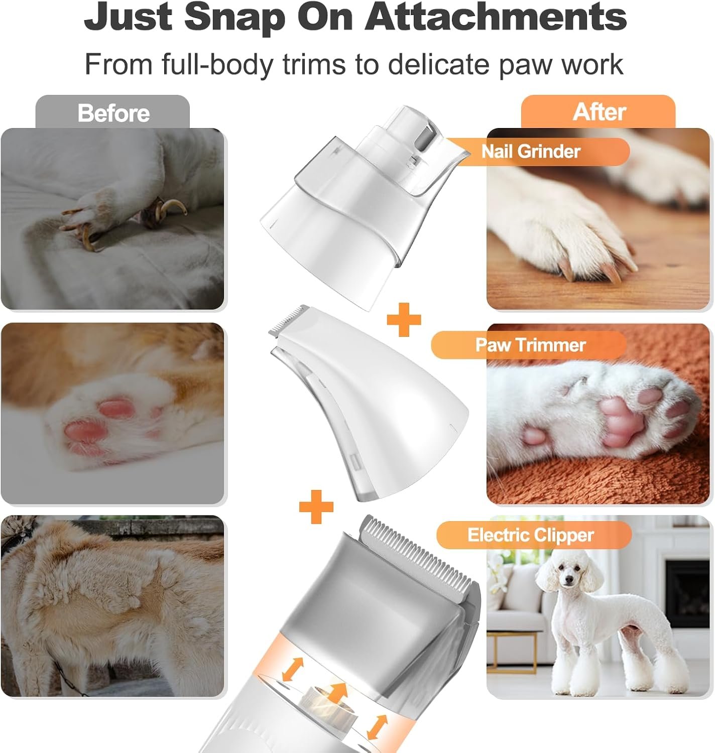 Afloia dog grooming vacuum review: listing image of the nail grinder, paw trimmer and clipper heads that snap on