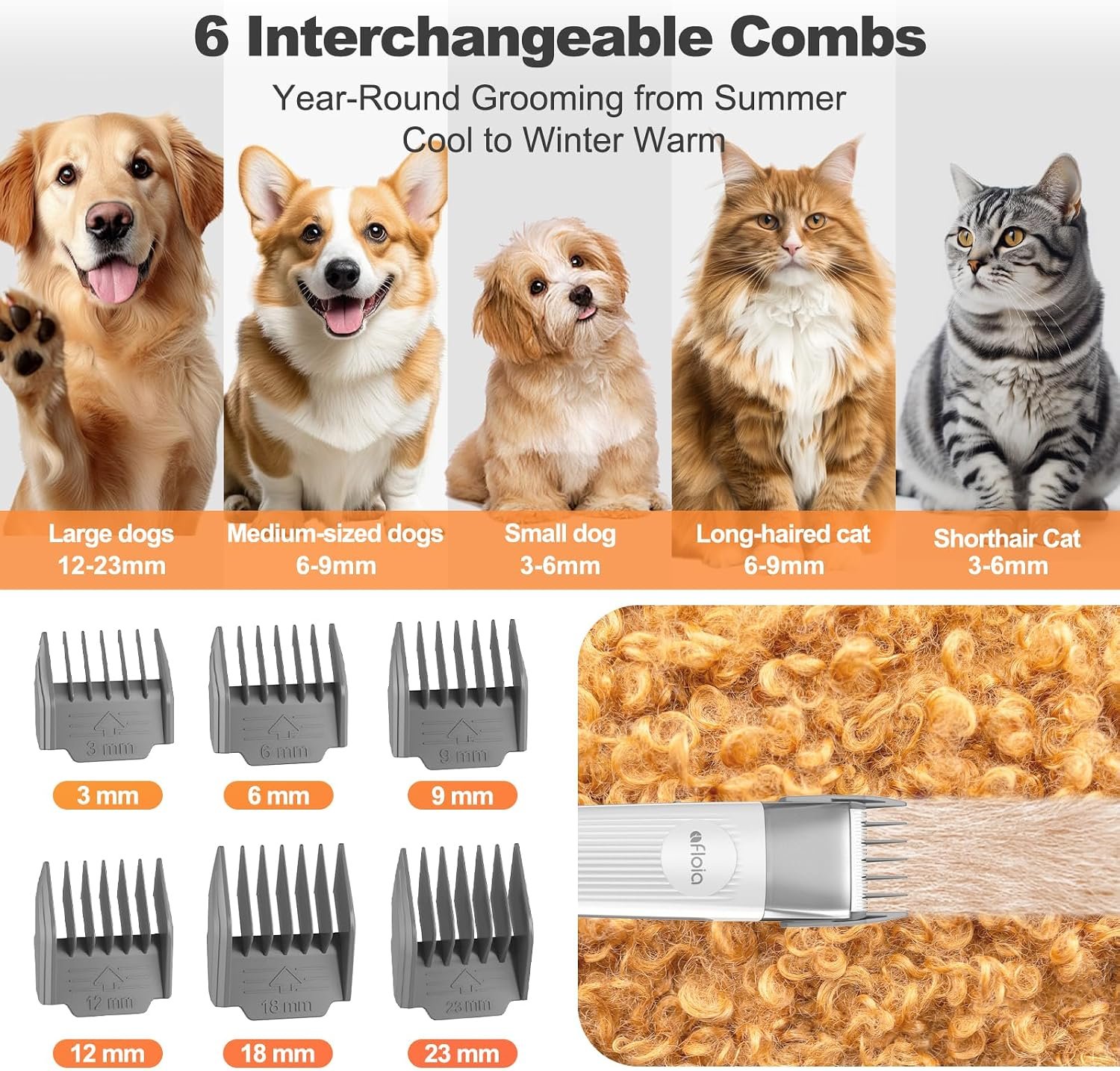 Afloia dog grooming vacuum review: listing image of the six guide combs from 3mm to 23mm