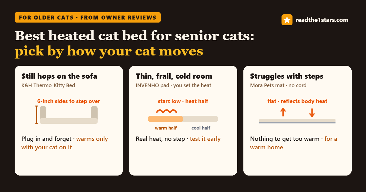 Best heated cat bed for senior cats: K&H bed for cats that still climb, INVENHO pad for frail cats in cold rooms, Mora mat for cats that struggle with steps