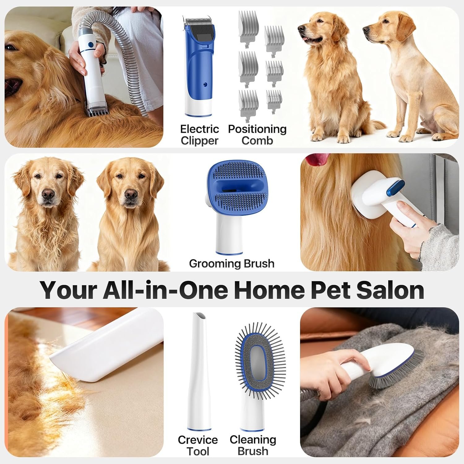 Best dog grooming vacuum for shedding dogs: Buenkee listing image of its clipper, combs, deshedding brush and cleaning tools