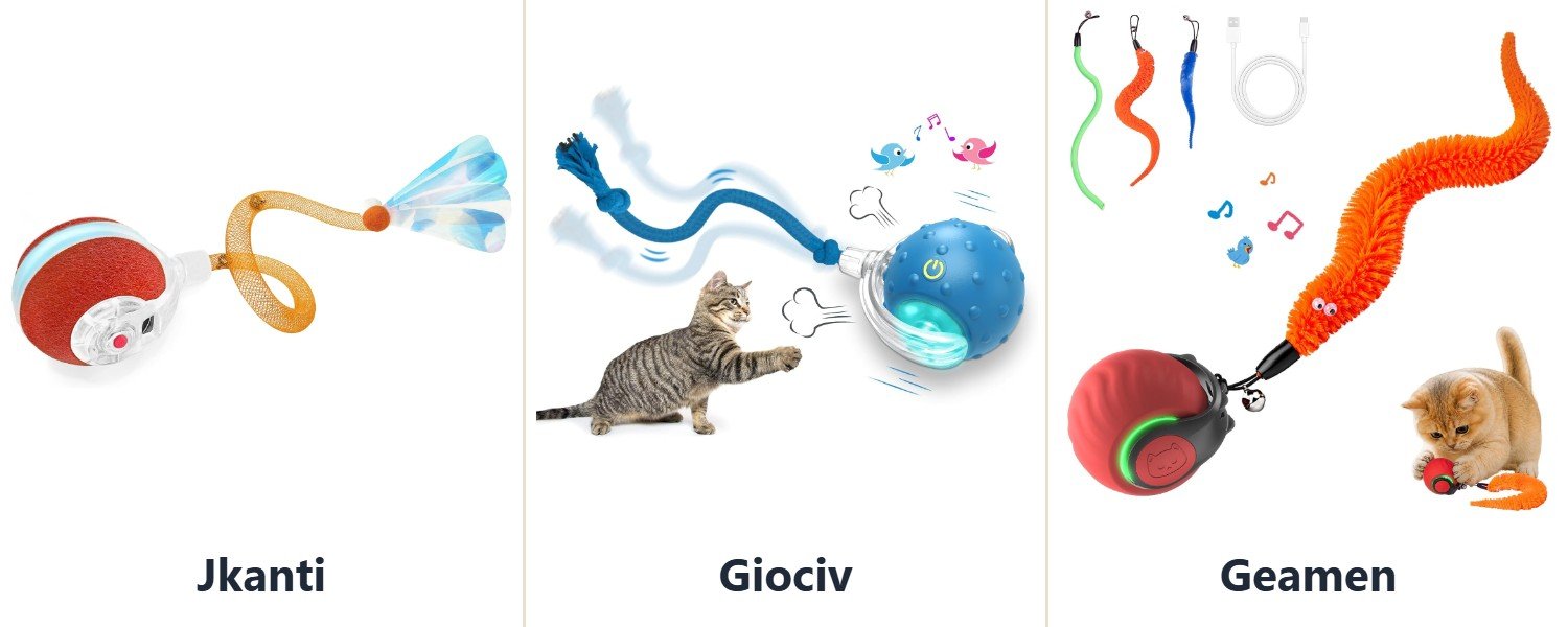 Interactive cat ball reviews: the Jkanti, Giociv and Geamen cat balls side by side, from their listings