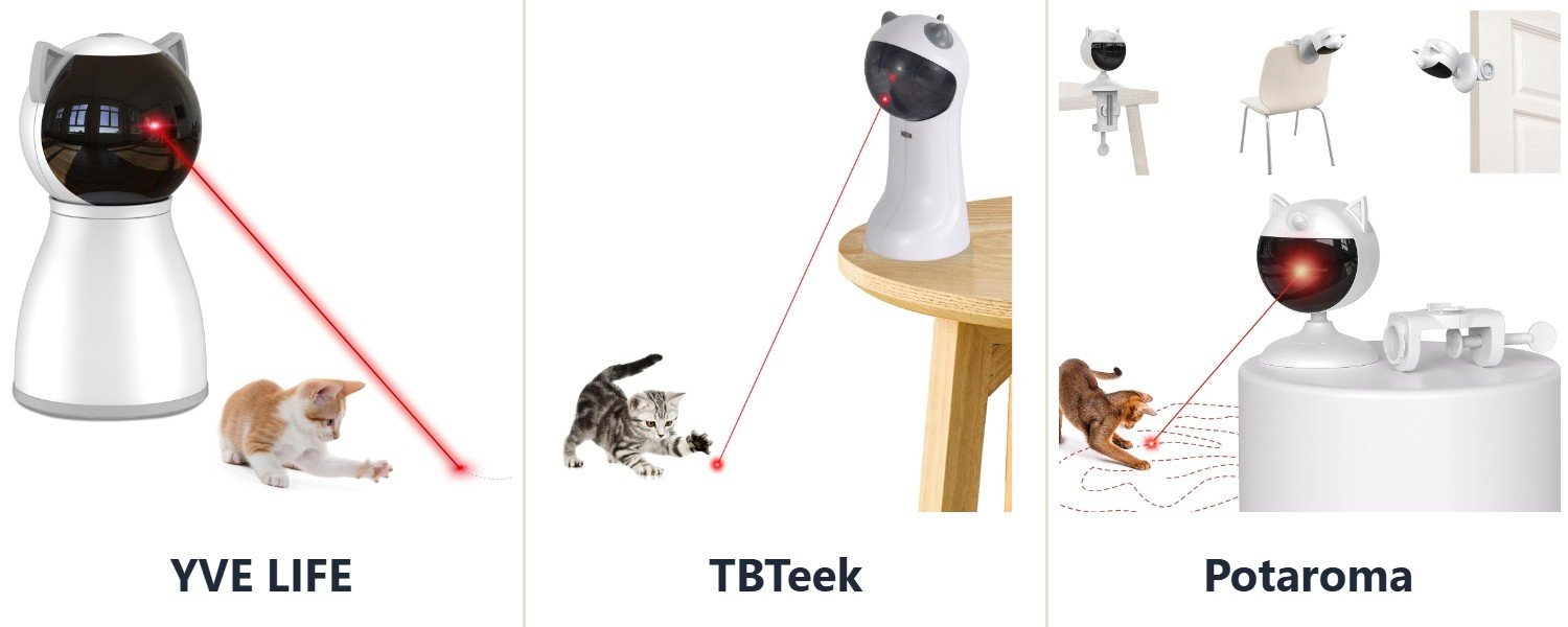 Automatic laser cat toy reviews: the YVE LIFE, TBTeek and Potaroma lasers side by side, from their listings