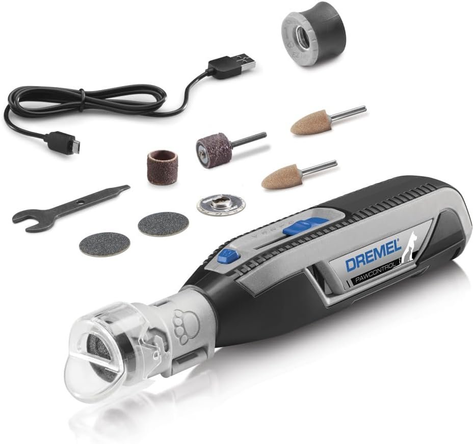 Dremel PawControl review: the 7760 grinder with its clear nail guard, sanding accessories and USB cable, from the listing