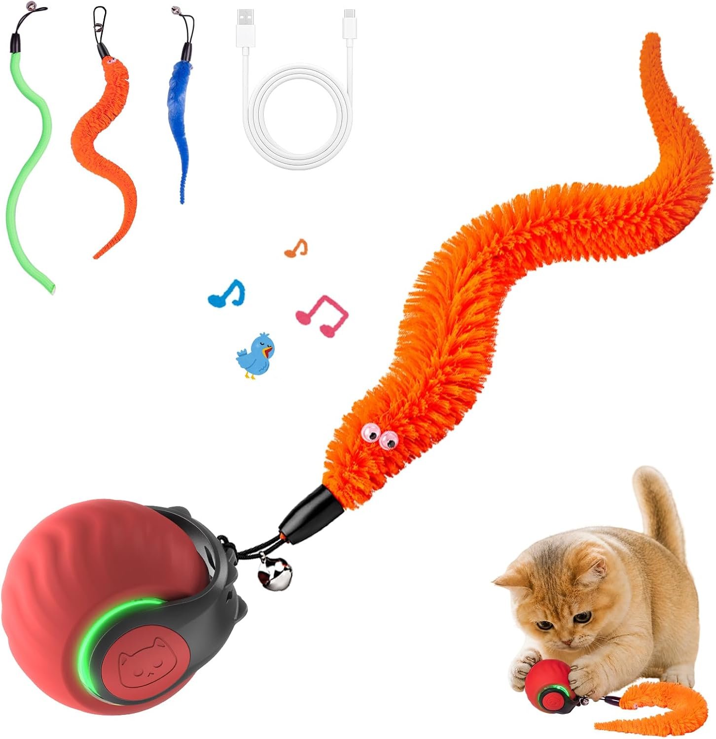 Chirping cat ball review: Geamen's red ball with an orange fuzzy tail and two spare tails, from the listing