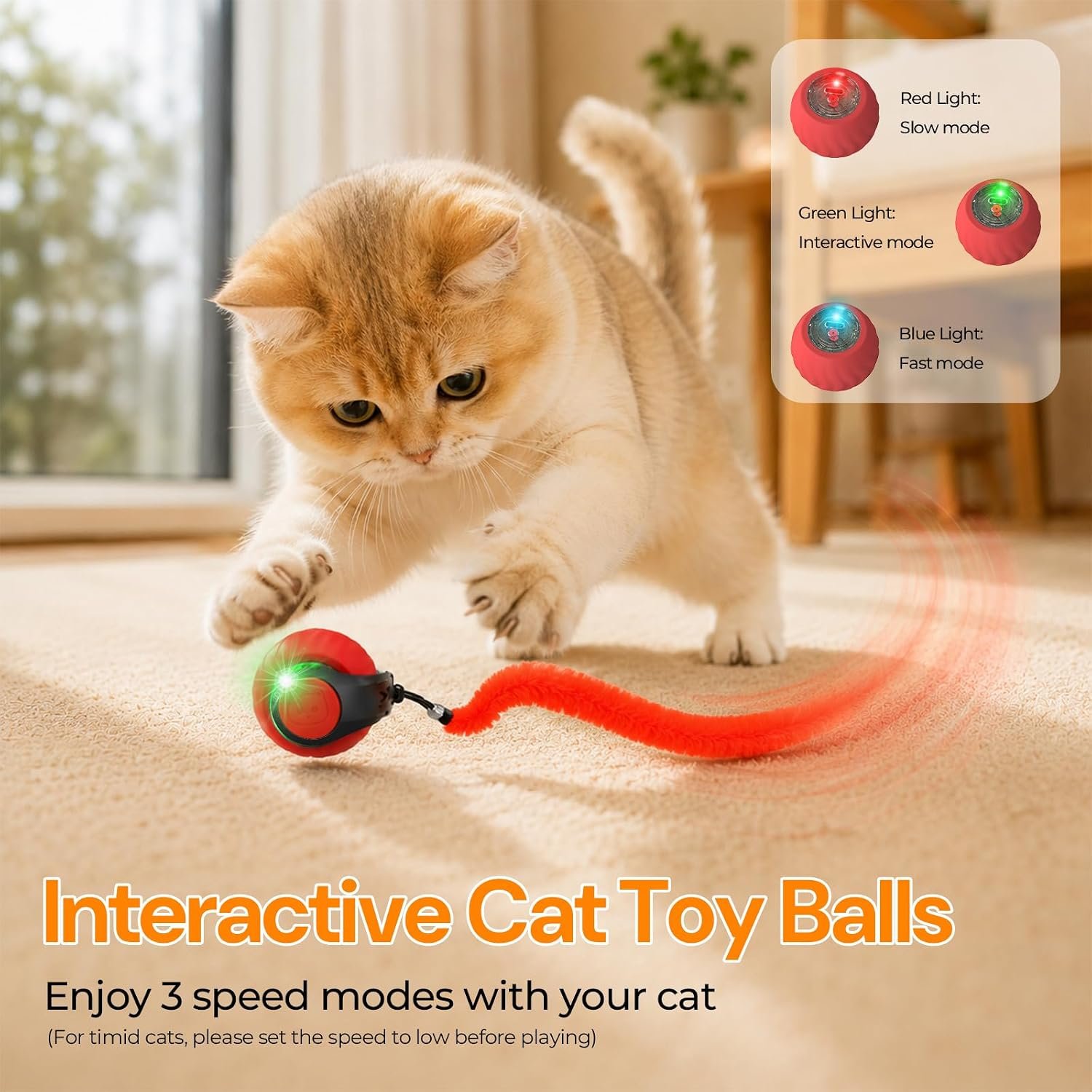 Best interactive cat ball for kittens: Geamen listing image of a kitten chasing the ball, with its three mode lights