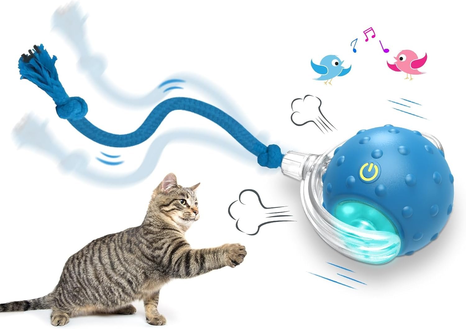 Giociv interactive cat toy review: the blue ball with its rope tail and clear shell, from the listing