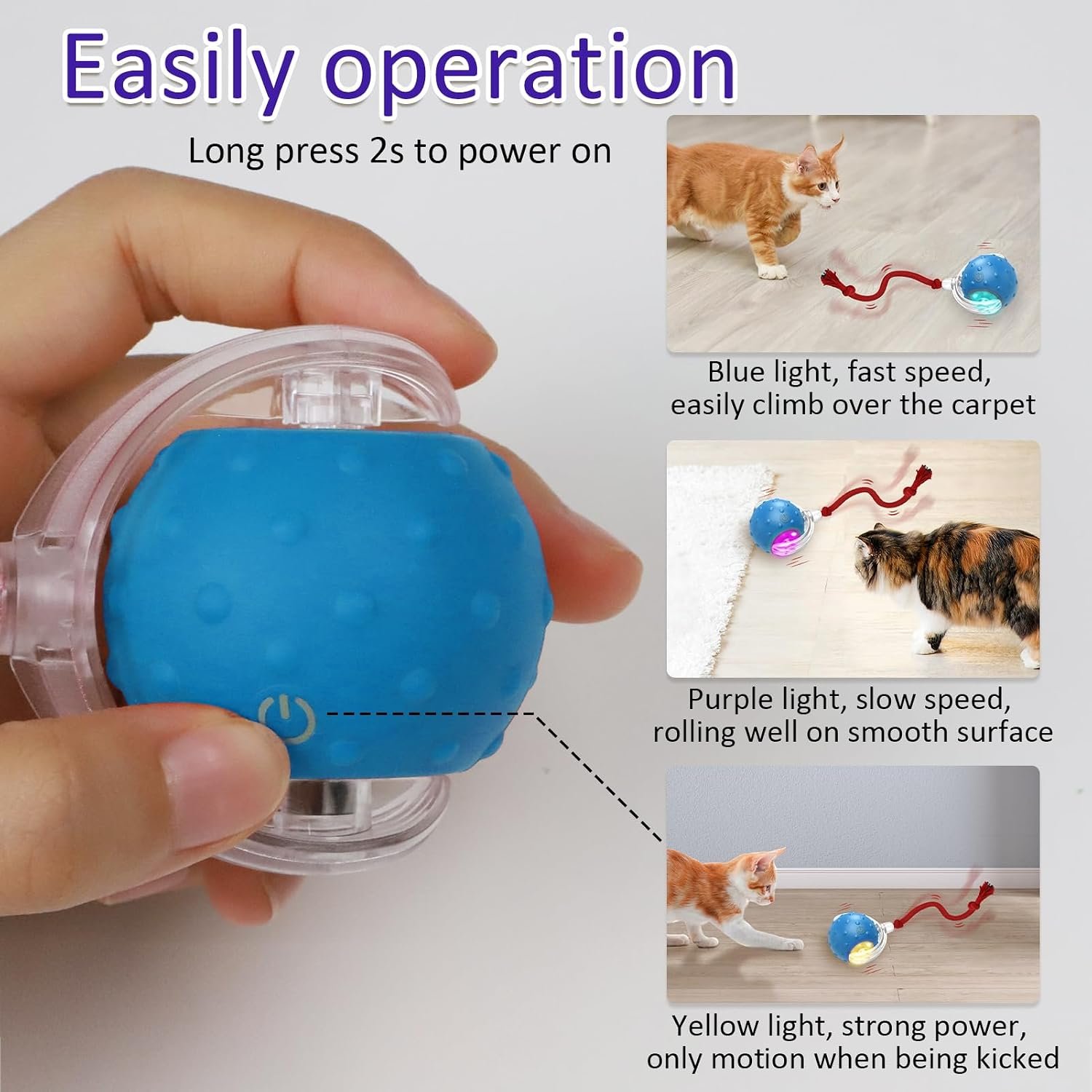 Interactive cat ball reviews: Giociv listing image of its three modes, fast, slow and interactive