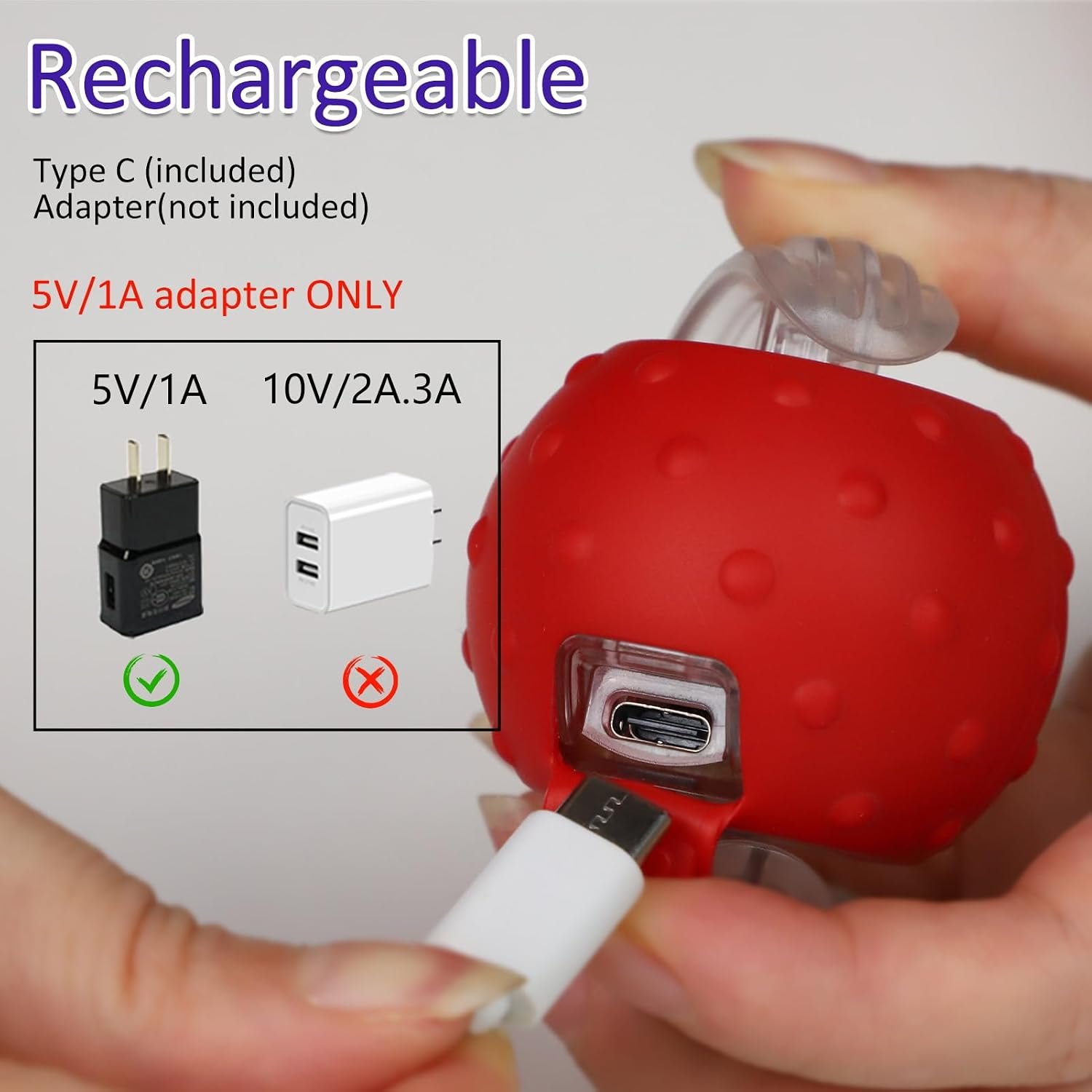 Giociv interactive cat toy review: listing image of the USB-C charging port and the 5V/1A adapter the listing asks for